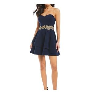 B. Darlin Blue & Gold Strapless Embroidered Fit & Flare Prom Dress. Size 3/4.